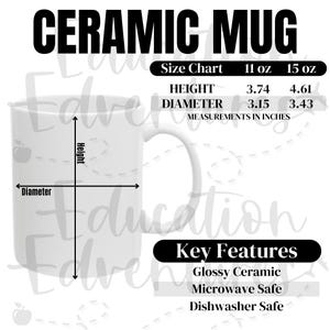 Tabla de tamaños y características principales de tazas de cerámica, listado de productos POD de Printify para tazas de café, descarga digital PNG cuadrada, fotografía del distrito