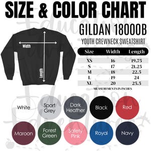 Gildan 18000B Farb- & Maßtabelle, Printify Produktlisting für Kinder Unisex Sweatshirt mit Rundhalsausschnitt, Quadrat PNG Digitaler Download
