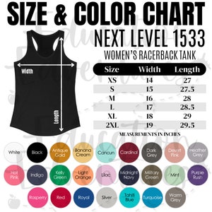 Tabla de colores y tallas del siguiente nivel 1533, listado de productos impresos para la camiseta sin mangas con espalda cruzada ideal para mujer, descarga digital PNG cuadrada