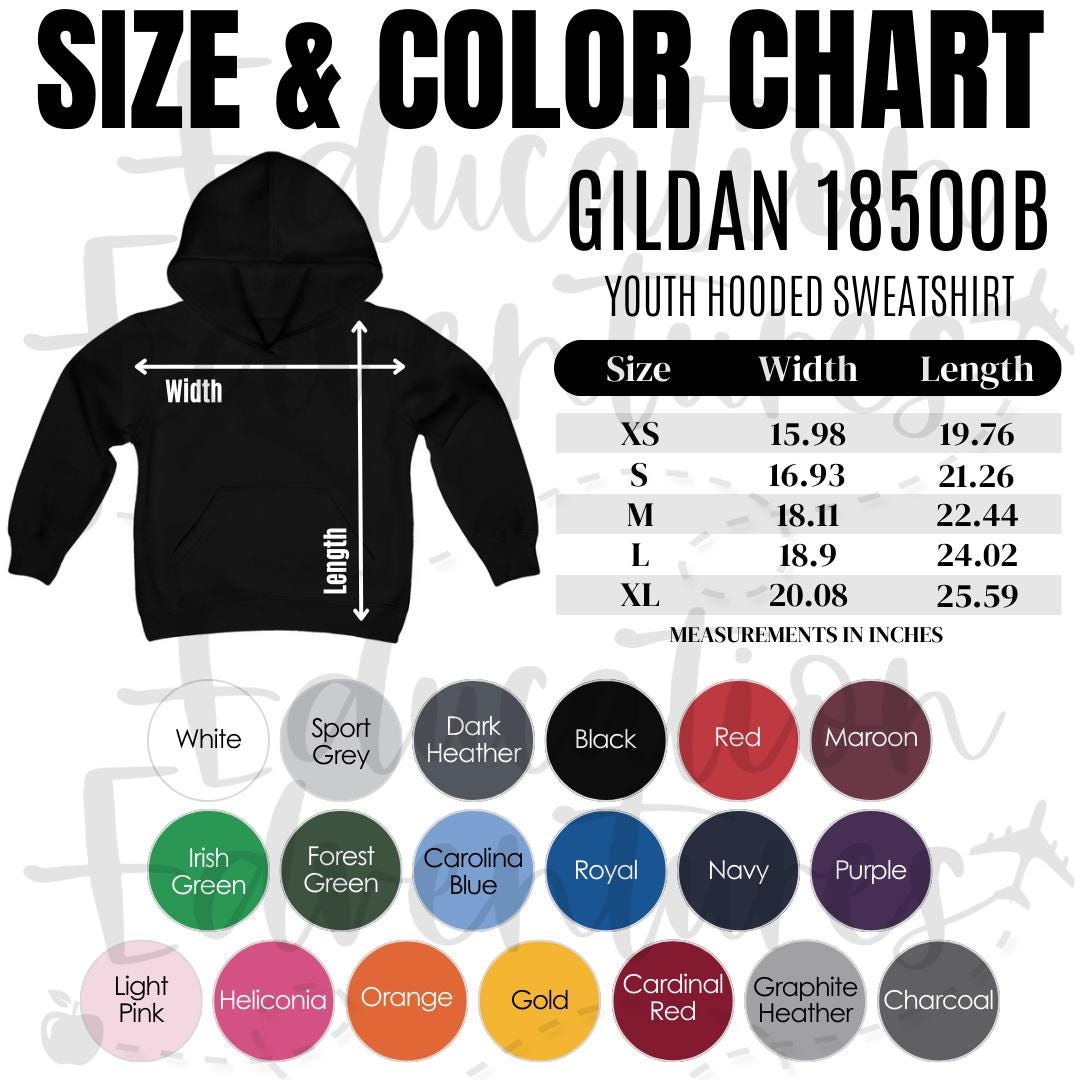 Gildan 18500B Color & Size Chart, Printify Product Listing for