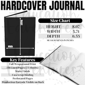 Hardcover Journal Matte Size Chart and Key Features, Printify POD Product Listing for Journals, Square PNG Digital Download, District Photo
