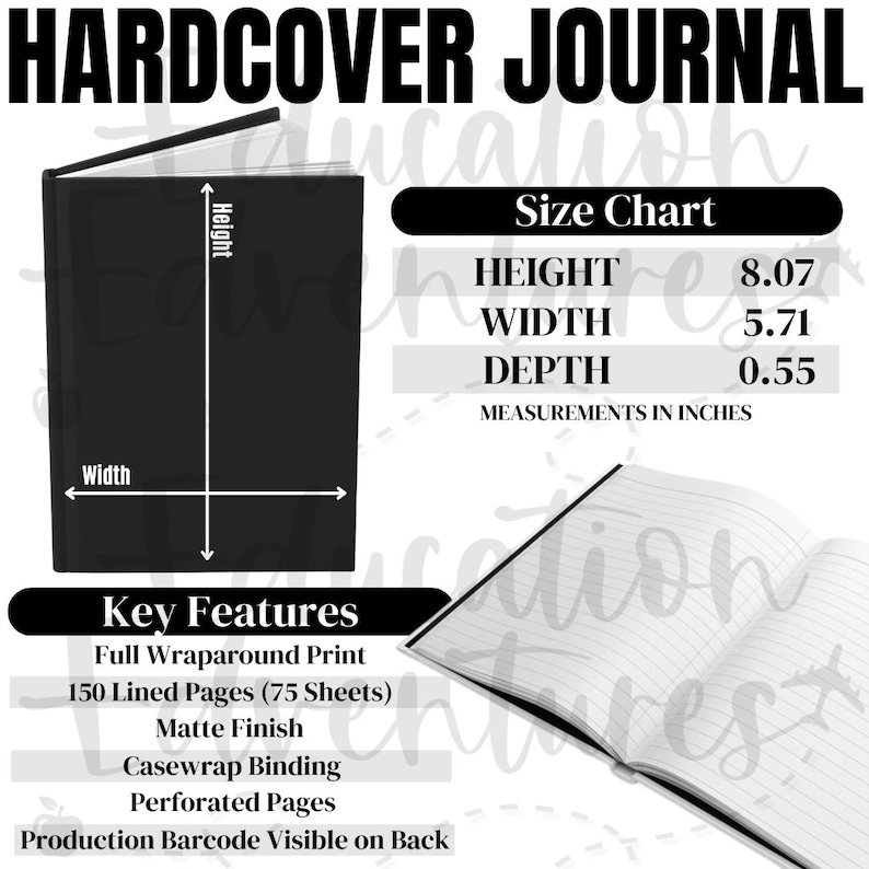 Hardcover Journal Matte Size Chart and Key Features, Printify POD Product Listing for Journals, Square PNG Digital Download, District Photo image 1