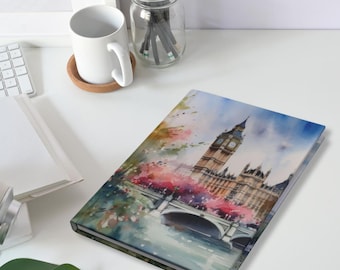 Watercolor London Big Ben Westminster and London Eye Travel Journal Notebook, Travel Theme Gift for Travelers, Home Office Stationery