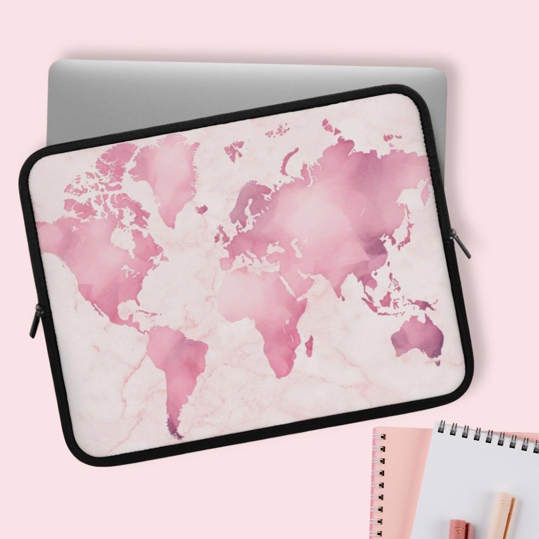 Pink Marble World Map Laptop Sleeve Laptop Case, Travel Theme Home ...