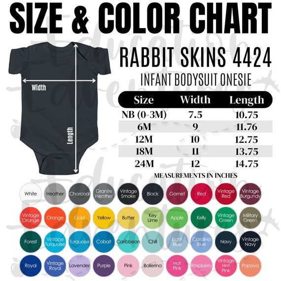 Rabbit Skins 4424 Color & Size Chart, Printify Product Listing for Infant Fine Jersey Bodysuit Onesie, Square PNG Digital Download