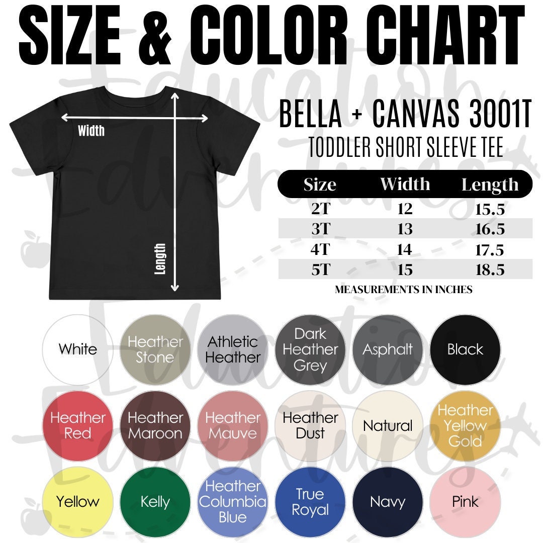 Bella + Canvas 3001T Color & Size Chart, Printify Product Listing for Toddler Short Sleeve Tee, Square PNG Digital Download