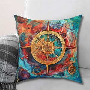 Compass Square Pillow, Travel Theme Home & Living, Gift for Travelers, Adventure Lovers, Travel Lover, Watercolor, Vintage, Couch Pillow