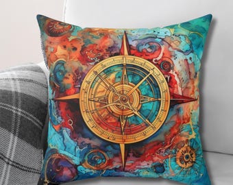 Quadratisches Kissen mit Kompass, Reisethema Zuhause & Leben, Geschenk für Reisende, Abenteurer, Reiseliebhaber, Aquarell, Vintage, Couchkissen