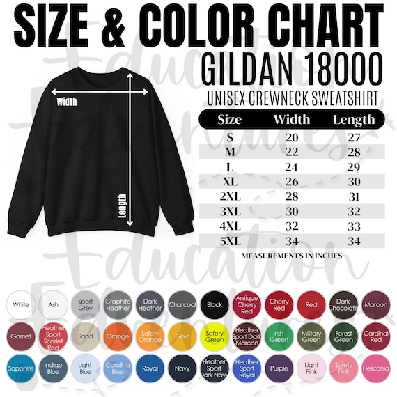 Gildan 18000 Color & Size Chart, Printify Product Listing for Unisex Crewneck Sweatshirt, Square PNG Digital Download