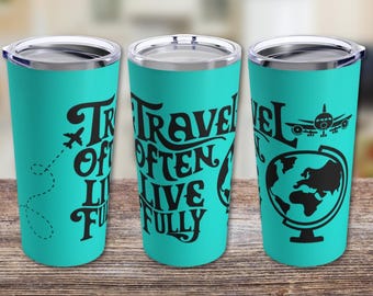 Travel Often Live Fully Tumbler | World Map Travel Cup Drinkware Drink Cup | Gift for Travelers | Travel Theme Home Decor for Travel Lovers