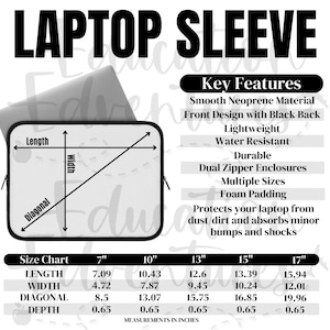 Tabla de tallas y características principales de fundas para portátiles, listado de productos POD de Printify para fundas para portátiles Imagine Your Photos, descarga digital PNG cuadrada