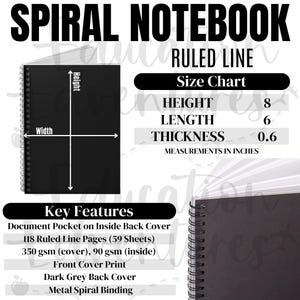 May include: Black spiral notebook with ruled lines. It measures 8 inches high, 6 inches long, and 0.6 inches thick. Key features include a document pocket, 118 ruled pages, 350 gsm cover, 90 gsm inside pages, front cover print, dark grey back cover, and metal spiral binding.