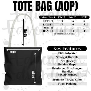 Tabla de características principales y tamaño de bolsa de mano AOP, listado de productos de Printify para bolsas de mano, descarga digital PNG cuadrada