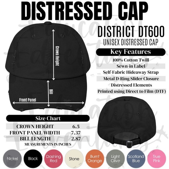 Unisex Distressed Cap District DT600 Size Chart Color Chart Key Features, POD Product Listing Distressed Caps, Square PNG Digital Download