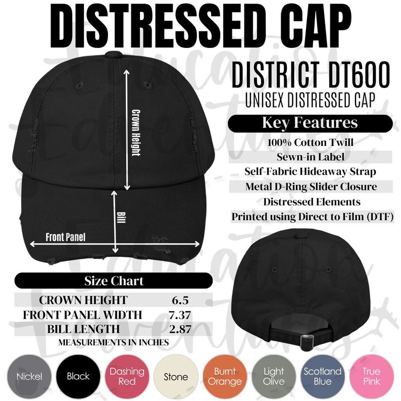 Peut inclure: Casquette de baseball noire us&eacute;e avec une fermeture &agrave; glissi&egrave;re &agrave; anneau en D. La casquette a une sangle escamotable en tissu et est faite de serg&eacute; 100% coton. La casquette est &eacute;tiquet&eacute;e "DISTRICT DT600 UNISEX DISTRESSED CAP".