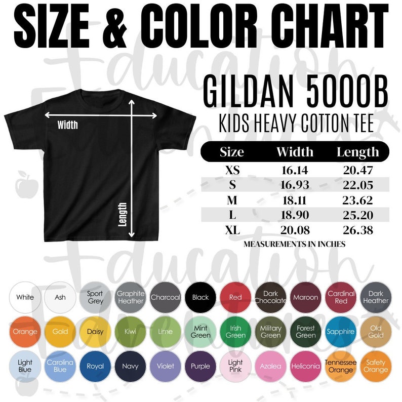 May include: Size and color chart for Gildan 5000B Kids Heavy Cotton Tee. The chart shows sizes XS through XL with corresponding width and length measurements in inches. The chart also includes a color palette with 24 different colors.