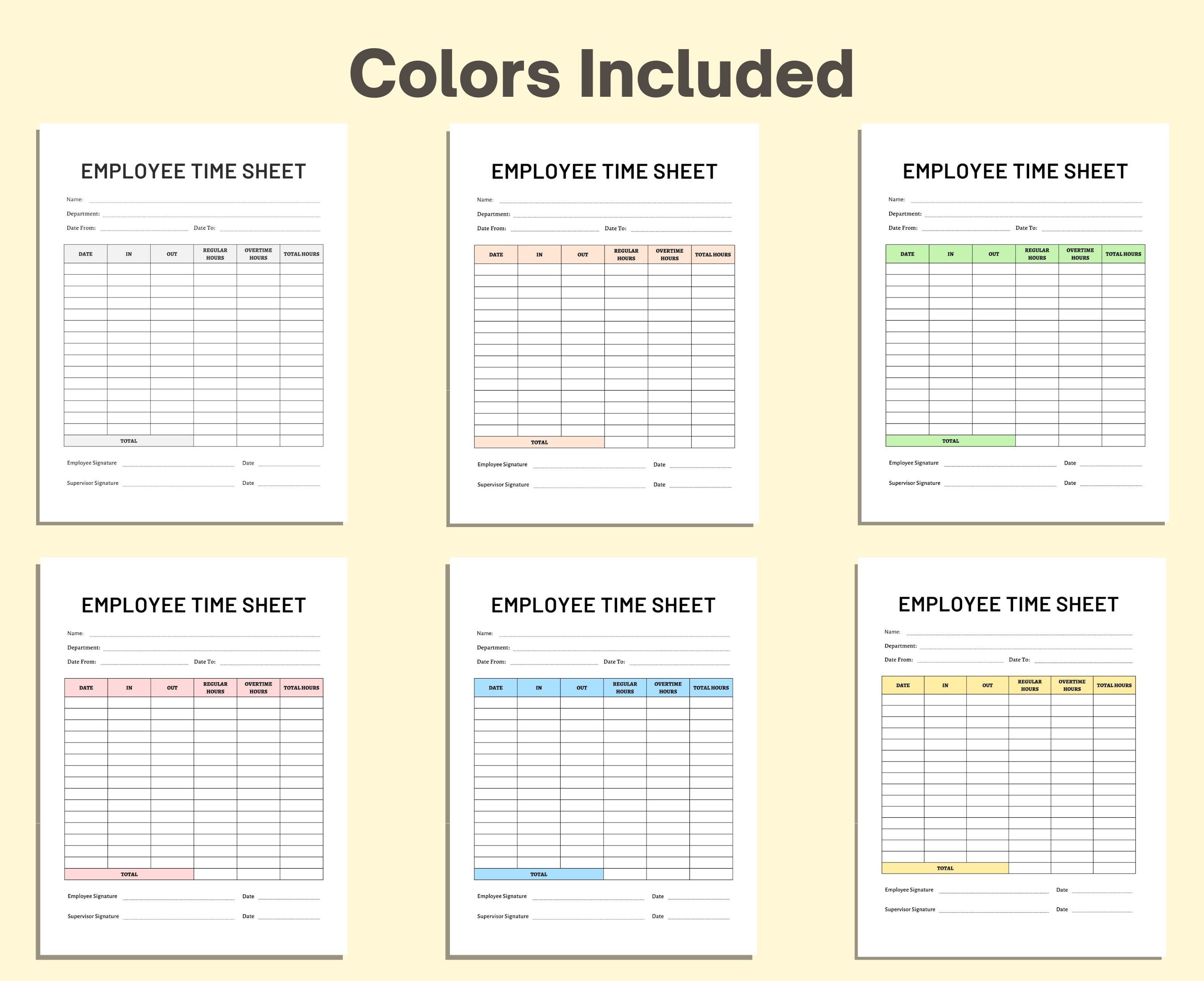 Employee Time Sheet. Work Hours Log. Printable Timesheet. PDF. Letter ...