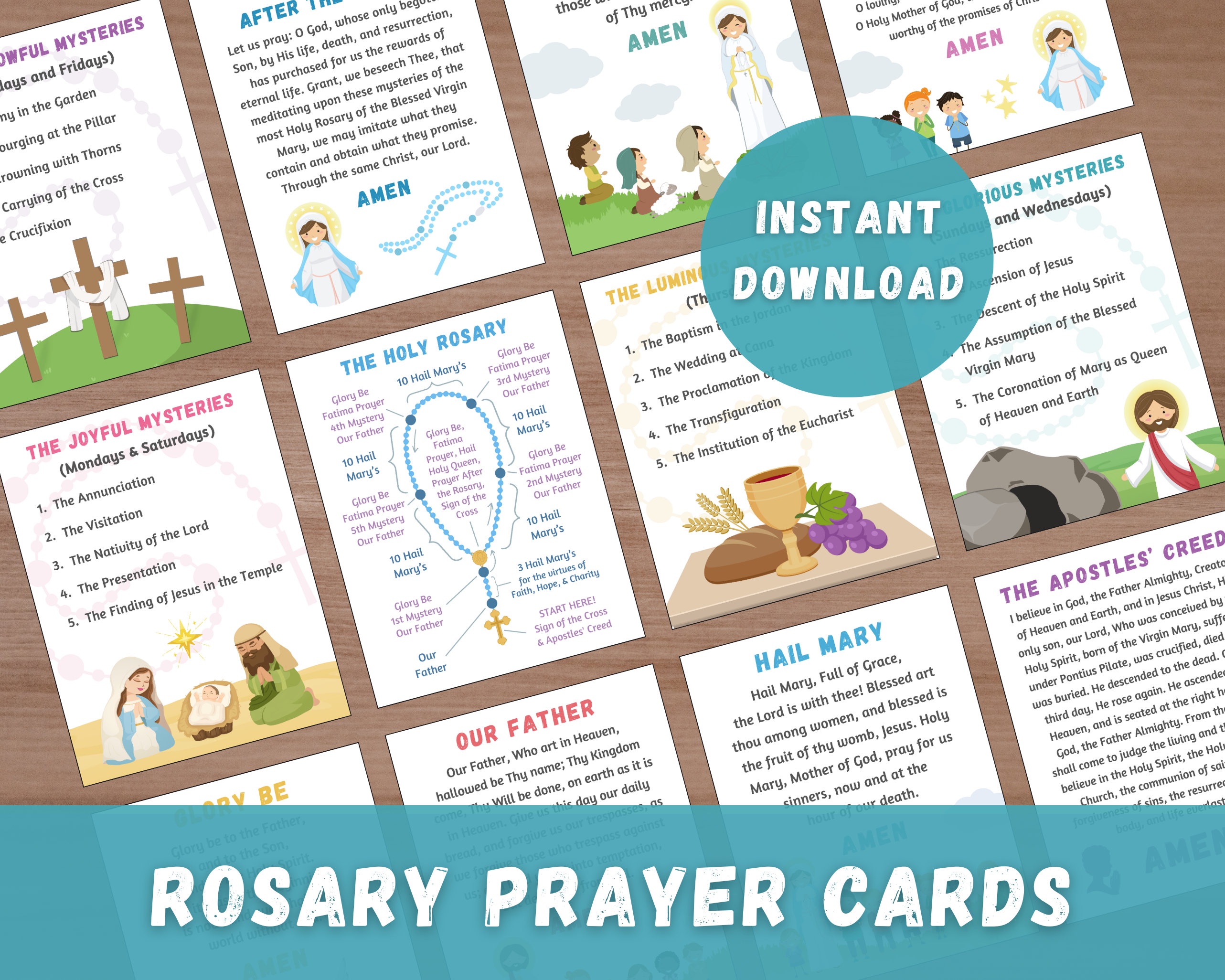 Rosary Mysteries Prayer Cards Kids Catholic Homeschool How to Pray the Rosary Diagram Prayer Guide Catholocism Church Prayer Cards Printable