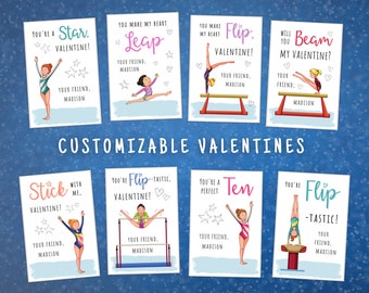 Gymnastics Editable Valentine Cards, Gymnast Classmate Valentines, Valentine Exchange Custom Valentines Cards, Girls Personalized Valentines