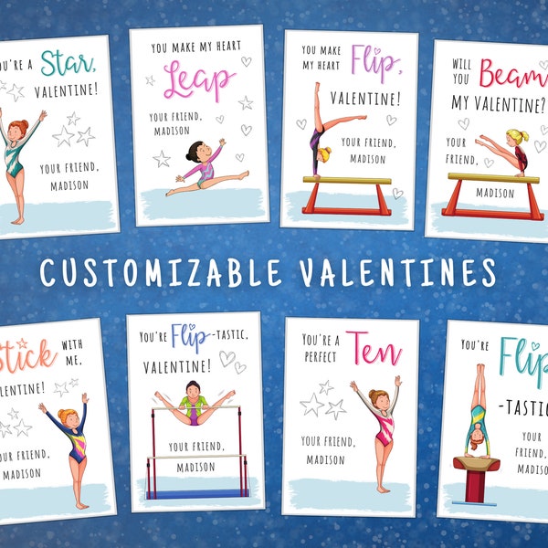 Gymnastics Editable Valentine Cards, Gymnast Classmate Valentines, Valentine Exchange Custom Valentines Cards, Girls Personalized Valentines