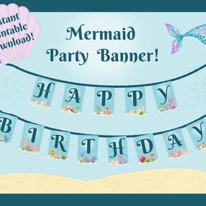 Mermaid Birthday Party Banner, Printable Happy Birthday Banner, Mermaid ...