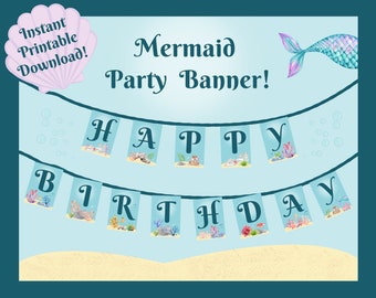 Mermaid Birthday Party Banner, Printable Happy Birthday Banner, Mermaid Party