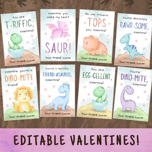 Bearbeitbare Dinosaurier-Valentinskarten, Dino-Valentinskarten, Kleinkind-Valentinskarten für Freunde, Vorschul-Valentinsgrüße, Kindertagesstätten-Valentinsgrüße