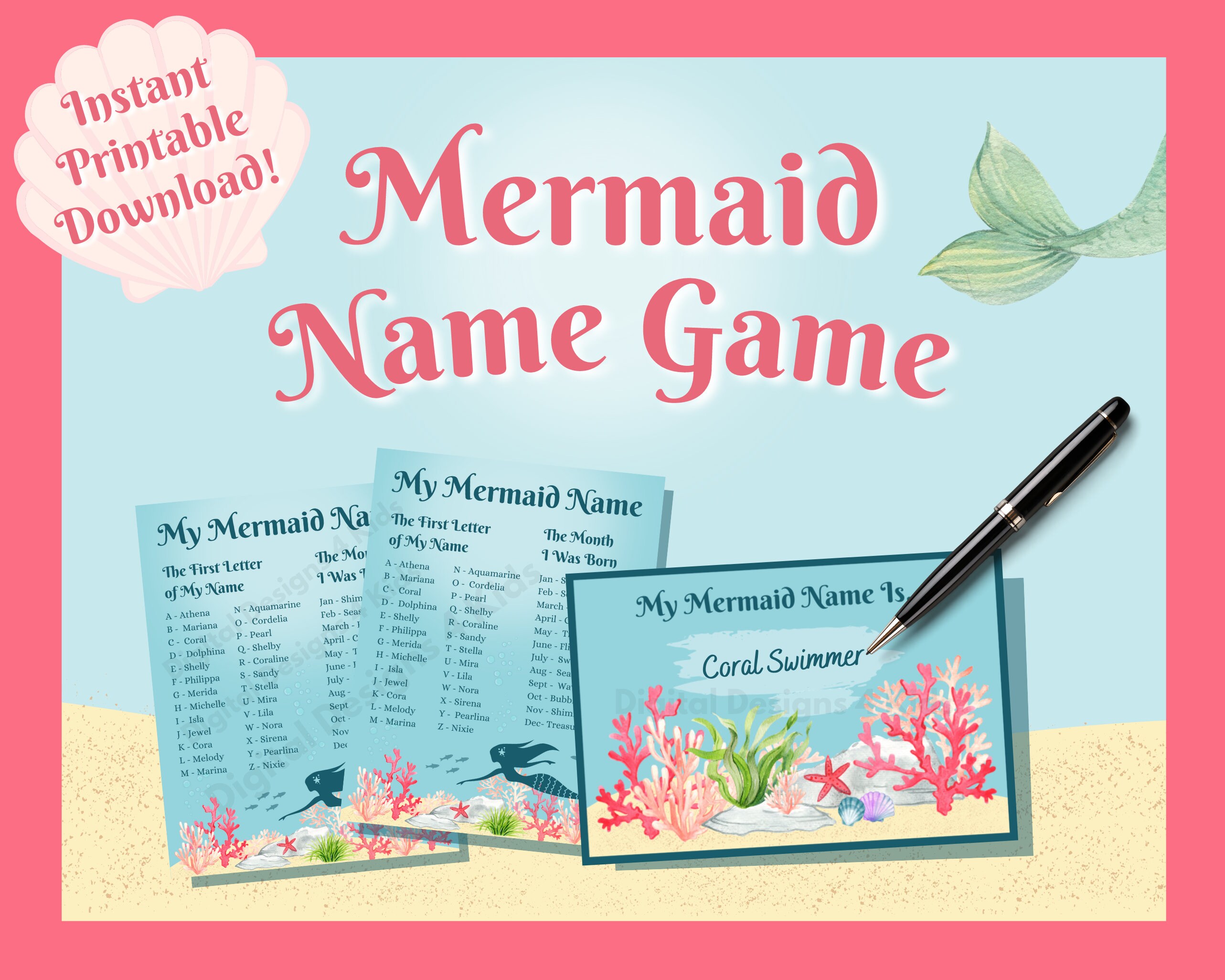 Mermaid Name Game, What Is Your Mermaid Name, Printable Game for Kids