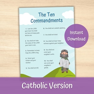 Catholic Ten Commandments for Kids, 10 Commandments Poster, Catholic Posters, Bible Story Poster, Catholic Homeschool, Catholic Education
