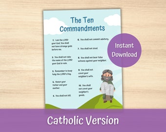 Catholic Ten Commandments for Kids, 10 Commandments Poster, Catholic Posters, Bible Story Poster, Catholic Homeschool, Catholic Education