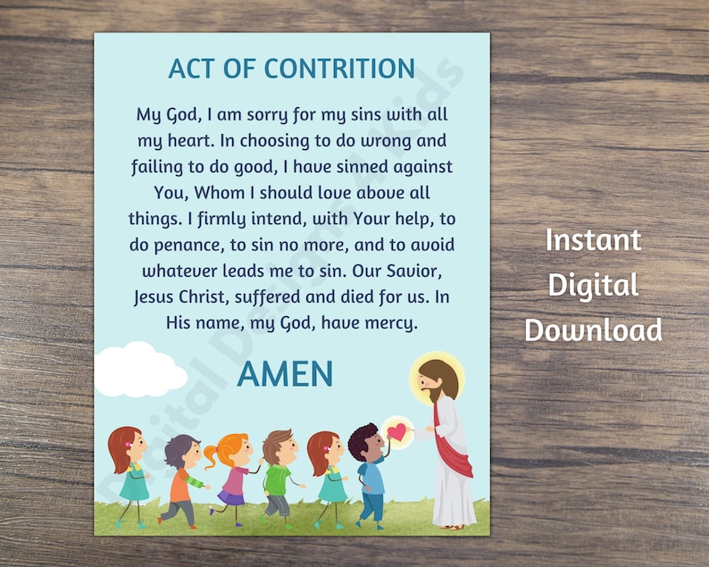 Act of contrition prayer print for kids catholic education etsy