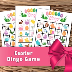 Könnte beinhalten: Drei druckbare Oster-Bingo-Karten mit bunten Bildern von Hasen, Eiern, Schmetterlingen, Küken und Blumen. Die Karten tragen oben den Schriftzug "Easter Bingo".