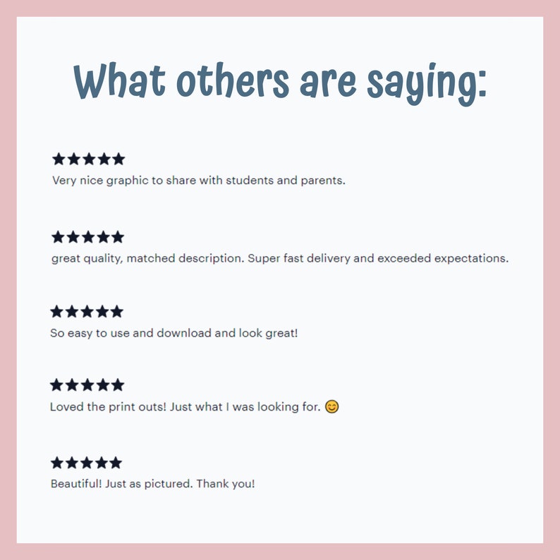 May include: Five customer reviews with five stars each. The reviews are positive and highlight the quality, ease of use, and fast delivery of the product. One review includes a smiley face emoji.