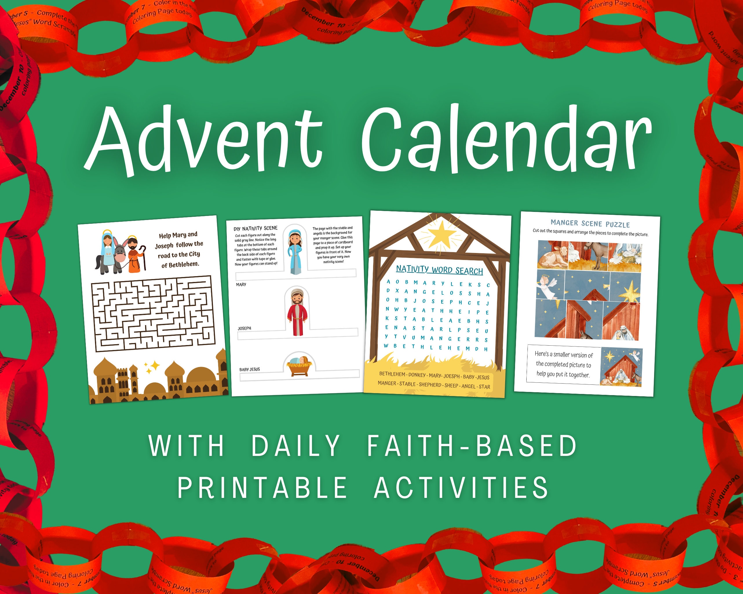 Christian Advent Calendar, Paper Chain Countdown to Christmas With
