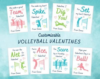 May include: Set of eight printable Valentine's Day cards featuring volleyball-themed illustrations and puns. Each card has a different design with a volleyball player and a message like "We make a great team, Valentine!" or "You're my ace, Valentine!"