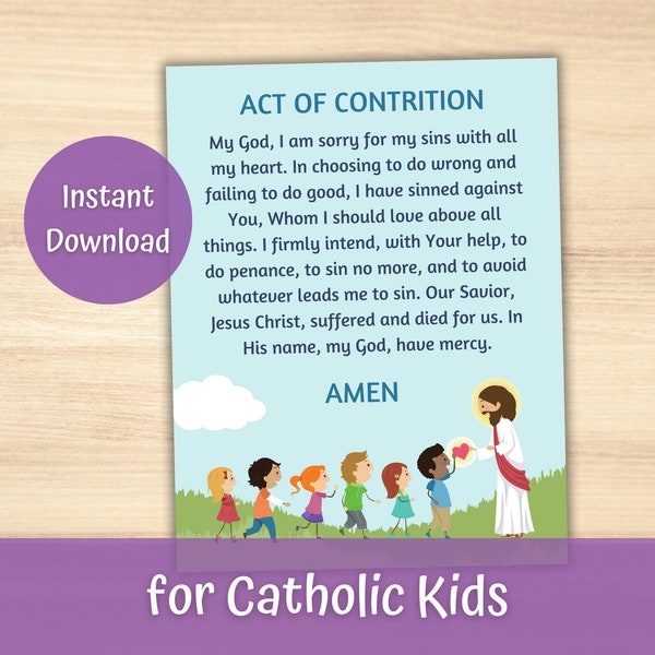 Act of Contrition Prayer Print for Kids, Catholic Education, 1st Communion/Confession Preparation