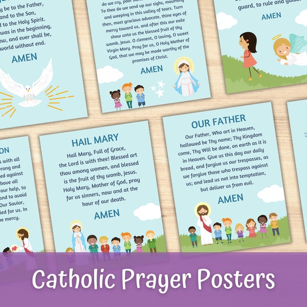 Catholic Prayer Prints for Kids Religious, Set of 10 Prayers