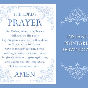 Our Father Prayer Blue Printable, The Lord&#39;s Prayer Print, First Communion Gift, Religious Wall Hanging