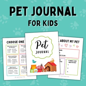 Puede incluir: Un diario de mascotas imprimible para niños con ilustraciones coloridas de un perro, un gato, un pájaro y un pez. El diario incluye preguntas sobre el nombre de la mascota, su lugar favorito y lo que le gusta hacer.