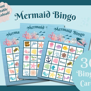 Bingo de sirenas para niños, juego de fiesta de sirenas