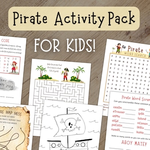 Actividades con temática pirata para niños, páginas para colorear imprimibles, combinación de palabras, búsqueda de palabras, laberintos y más