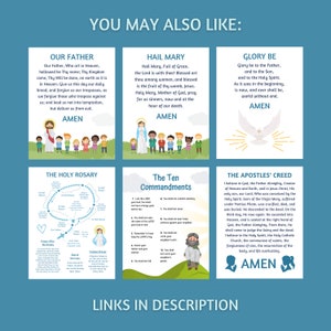 May include: A colorful printable set of religious prayers and creeds. The set includes Our Father, Hail Mary, Glory Be, The Holy Rosary, The Ten Commandments, and The Apostles' Creed. Each prayer is illustrated with cartoon children and a green background.