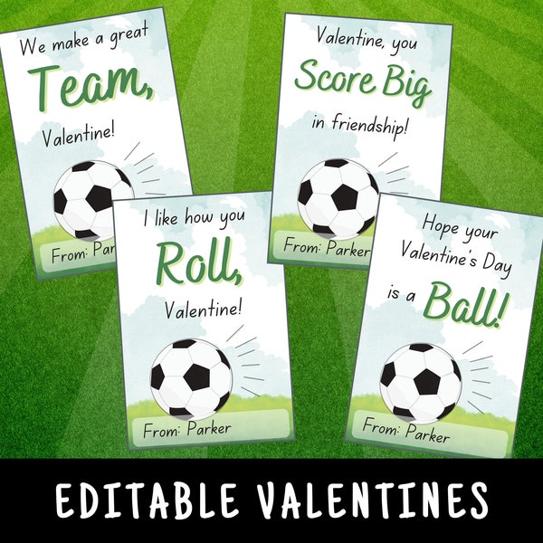 Editable Kids Soccer Valentines Cards Personalized Soccer Ball Sports Valentines Cards Girls Boys Classmate Valentines Exchange Cards Tween