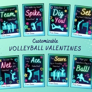 Bearbeitbare Neon-Volleyball-Valentinsgrußkarten, Retro-Neon-Glühen-Volleyballspieler-Mädchen zwischen Sport-Valentinsgrüßen, Kinderklasse-Valentinsgruß-Treatschlüssel-Tags