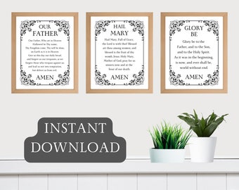 Set of 3 Catholic Prayers, Our Father Prayer, Hail Mary Prayer, & Glory Be Prayer, Religious Home Decor
