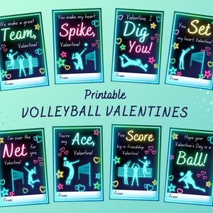 Druckbare Tanzvolleyball-Neon-Valentinstagskarten, Mädchen-Sport-Valentinstagskarten, Tween-Kinder-Retro-Neon-Glow-Volleyball-Team-Valentinstagskarten