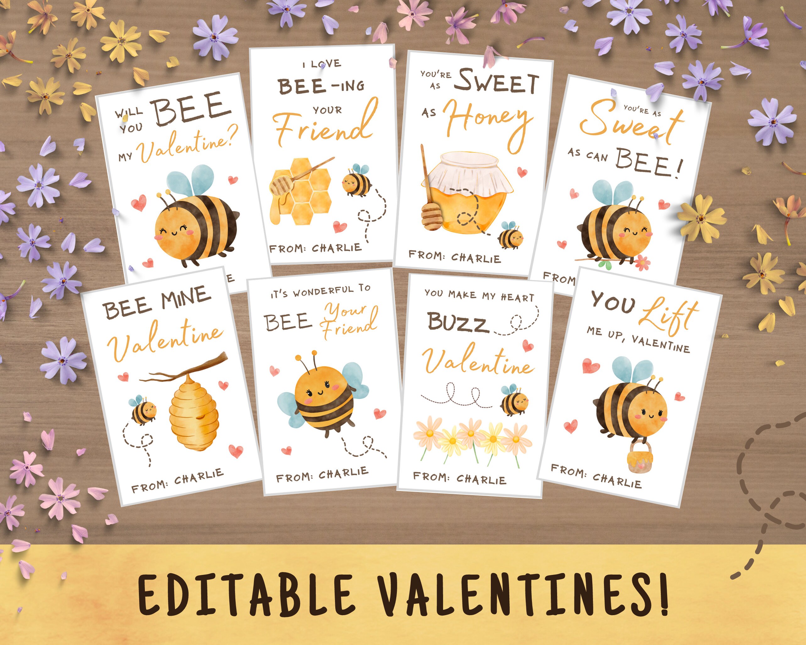 Cute Honey Bee Editable Valentine Cards, Classmate Valentine Exchange, Boys Valentines Cards, Girls Valentines Cards, Daycare Valentines