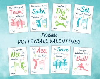 May include: Printable Valentine's Day cards featuring volleyball themed puns. The cards are white with pink, blue, and green accents. The cards feature a volleyball net and players. The text on the cards includes phrases like "You make my heart Spike", "Valentine, I Dig You", "You Set my heart, Valentine", "I'm over the Net for you", "You're my Ace", "You Score big in friendship", and "Hope your Valentine's Day is a Ball!"
