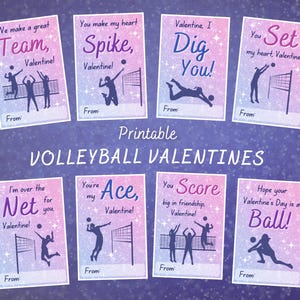Druckbare funkelnde Mädchen-Volleyball-Klassenkameraden-Valentinstag-Austauschkarten, Kinder-Volleyball-Mannschaftssportarten-Valentinstag, Tween-Valentinstags-Treatout-Tags