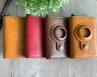Engraved Leather AirTag Wallet: RFID Minimalist Pop-Up Card Holder